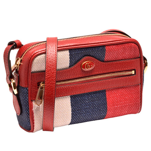 GUCCI 經典Ophidia系列復古風格條紋亞麻帆布皮革飾邊拉鍊肩/斜背包-迷你-芙蓉紅