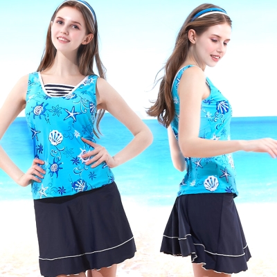 三件式泳裝 假兩件V領短褲短裙 (T-360海洋風印花) TiNyHouSe