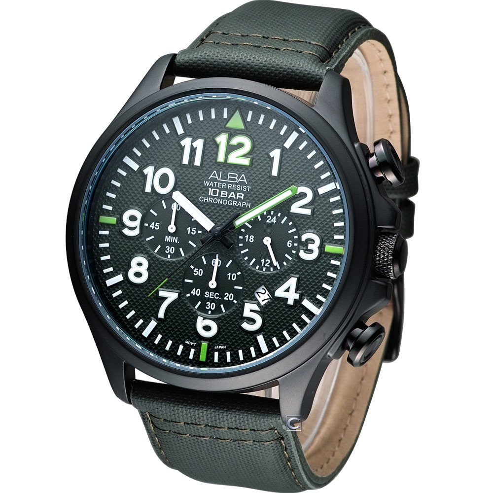 ALBA 大錶徑飛行風格計時腕錶-IP黑+綠/48mm