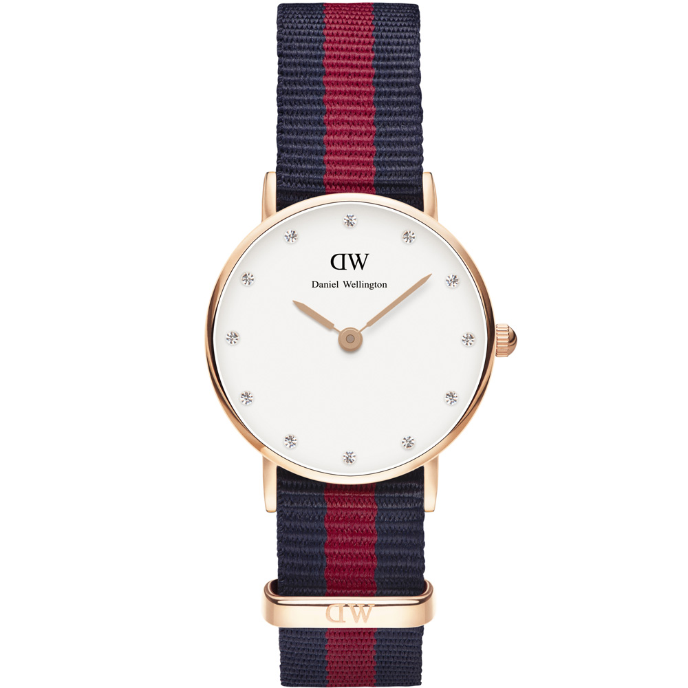 DW Daniel Wellington 雅痞學院風尼龍腕錶-白x玫瑰金框x藍紅/26mm