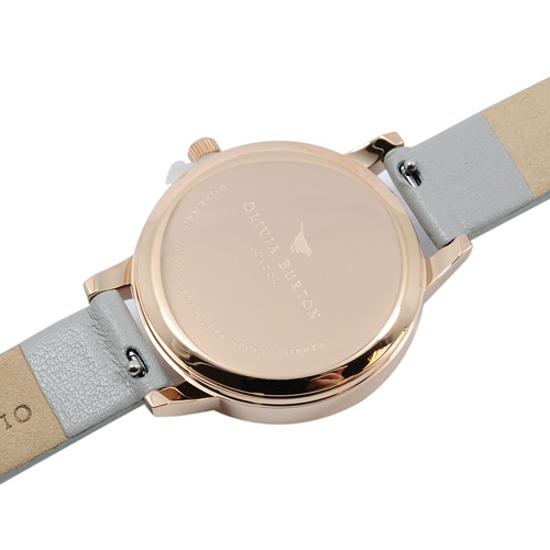 Olivia Burton 英倫復古手錶 鳥與花園白錶面玫瑰金框 灰色真皮錶帶30mm