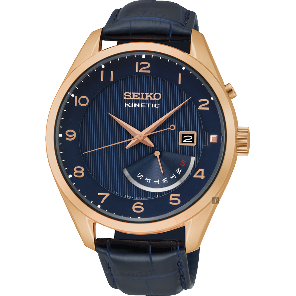 SEIKO 精工Kinetic日曆人動電能腕錶(SRN062P1)-藍x玫瑰金框/42mm