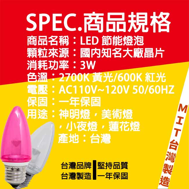 日毓光電 新大國民系列 3W E27 紅光/黃光 LED 水晶 / 蠟燭燈 4入