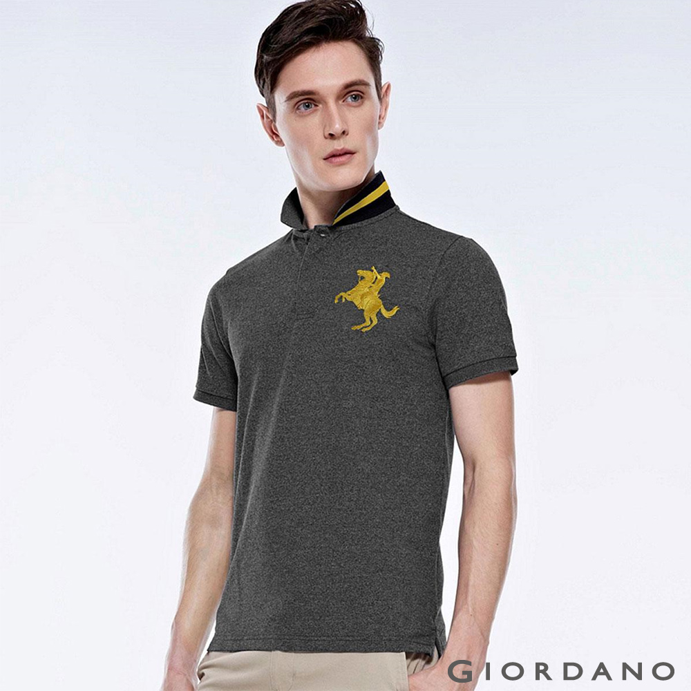 GIORDANO 男裝拿破崙刺繡彈性POLO衫- 67 中花灰