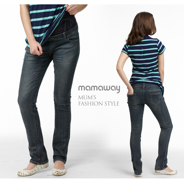 【Mamaway】孕期窄管3D牛仔褲(刷白藍)
