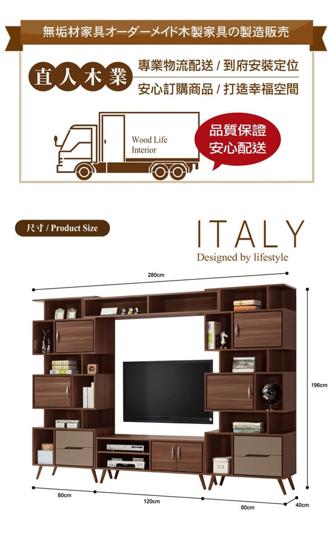 日本直人木業-ITALY淺胡桃280CM電視收納櫃組(280x40x196cm)