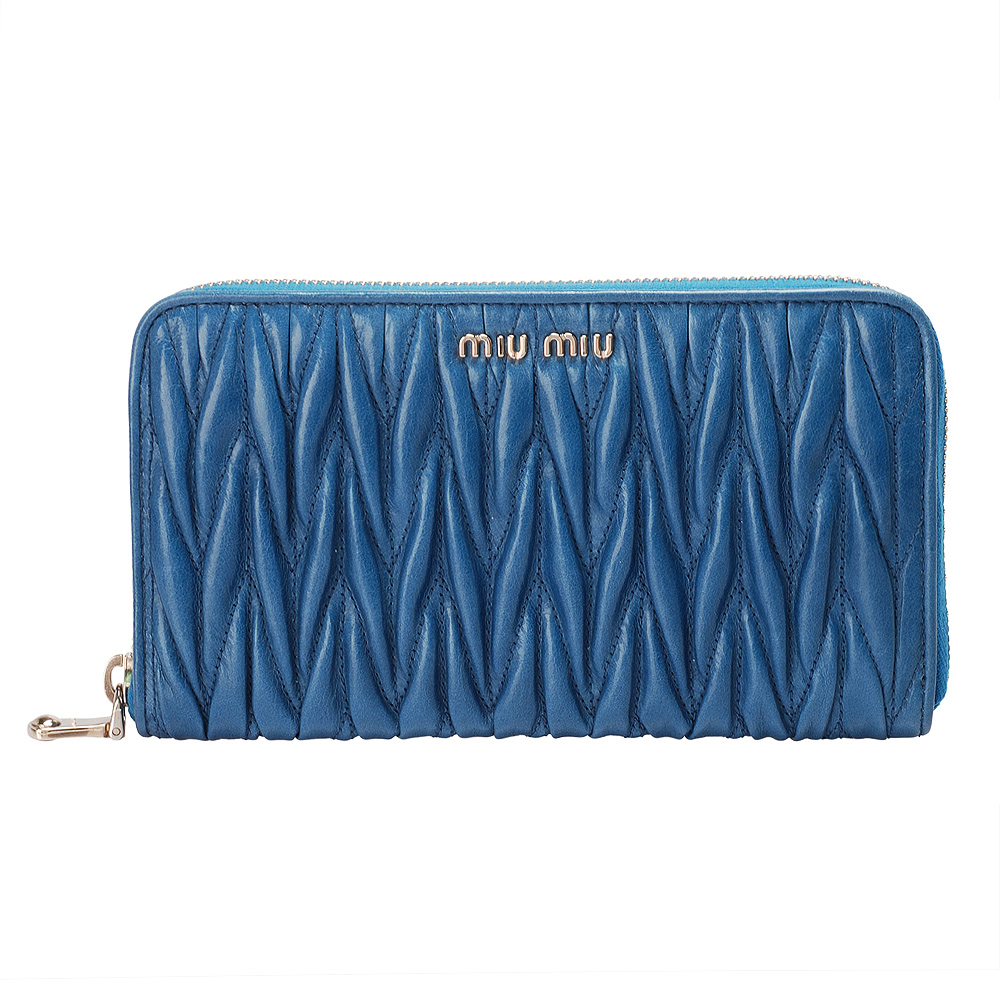 MIU MIU Matelasse’ Lux 系列亮羊皮皺摺拉鍊長夾(海洋藍)
