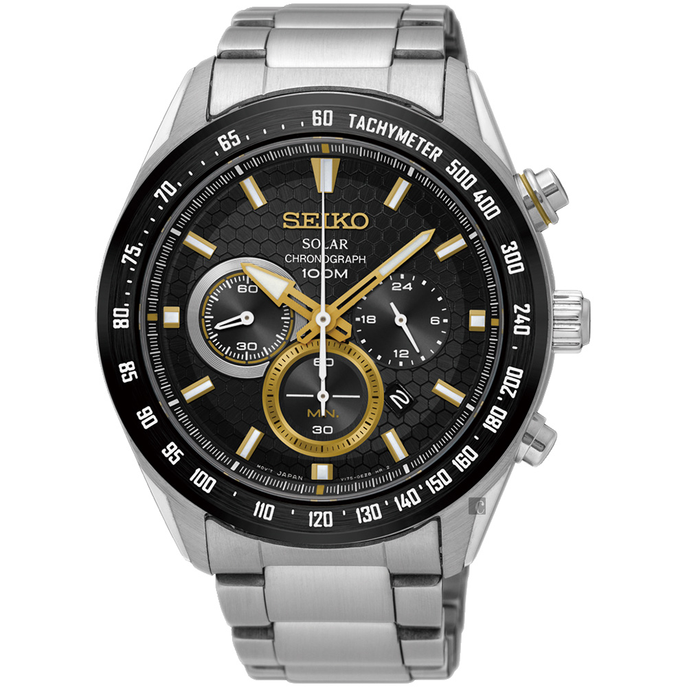 SEIKO精工 Criteria 太陽能計時手錶(SSC581P1)-黑x金圈/43mm