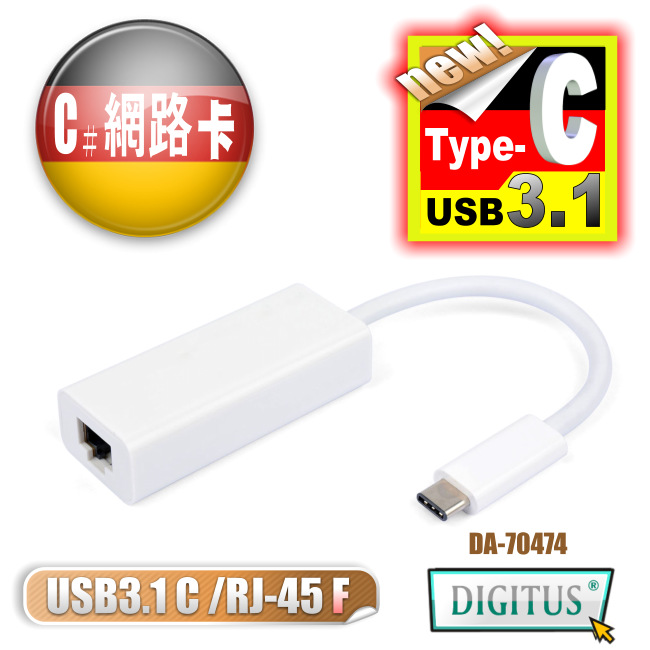 曜兆DIGITUS USB Type-C(公) 轉 RJ45 Giga 1000M網路線