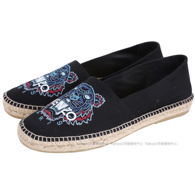 KENZO Tiger Espadrilles 老虎刺繡帆布草編便鞋(男款/黑色)