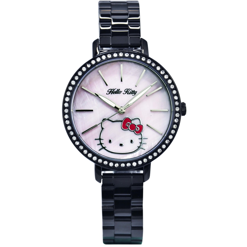 HELLO KITTY 凱蒂貓珍珠貝殼晶鑽錶-黑x粉紅/34mm