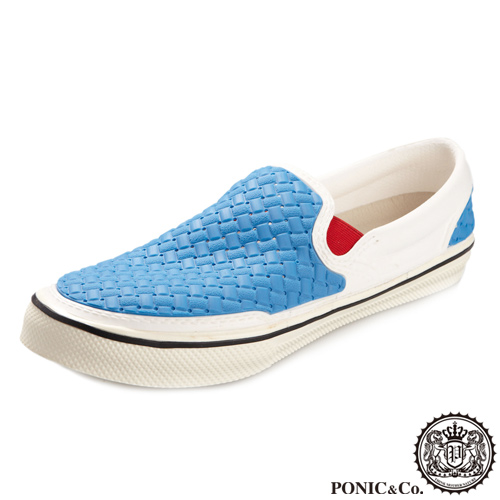 (男/女)Ponic&Co美國加州環保防水編織懶人鞋-藍白