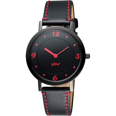 STAR 藝術時尚簡約風情腕錶-黑x紅時標/34mm