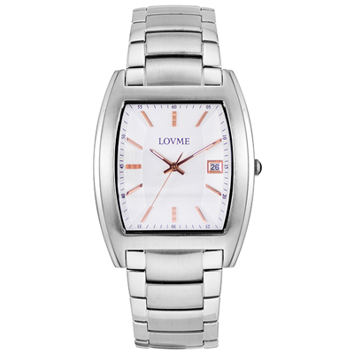 LOVME 優雅風情酒桶造型腕錶-白x玫刻度/37mm