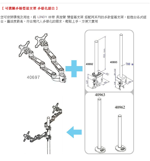 LINDY 林帝 台灣製 鋁合金 多動向 長旋臂式 雙螢幕支架 LCD Arm (40697)