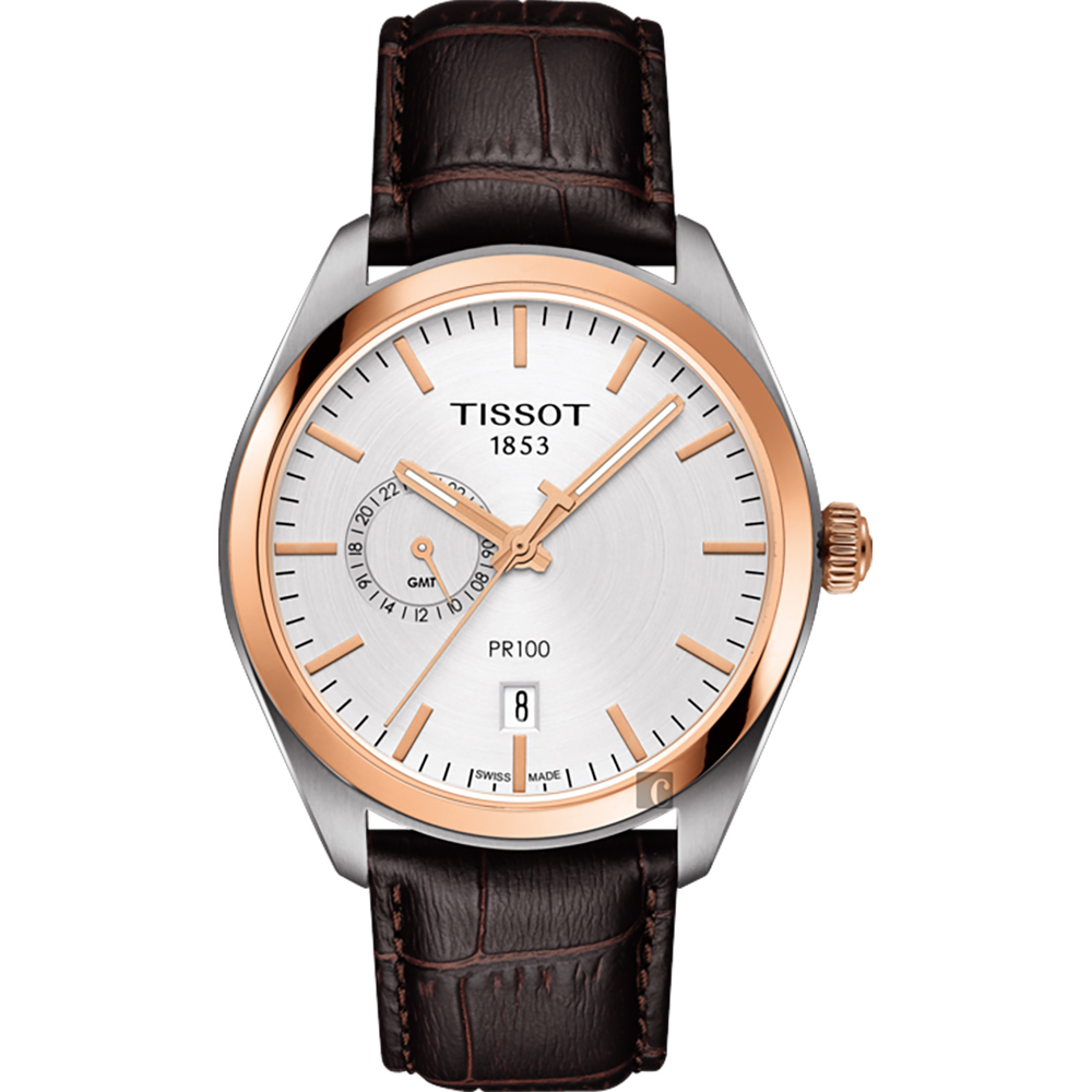 TISSOT 天梭 官方授權 PR100 GMT 二地時區手錶-玫瑰金圈x咖啡/39mm T1014522603100