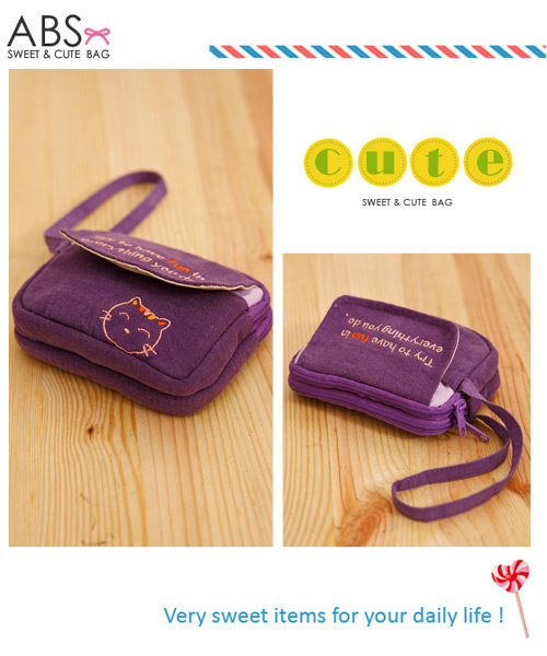 ABS貝斯貓 - HaveFun微笑貓咪拼布 雙層複合功能零錢包88-178 - 葡萄紫