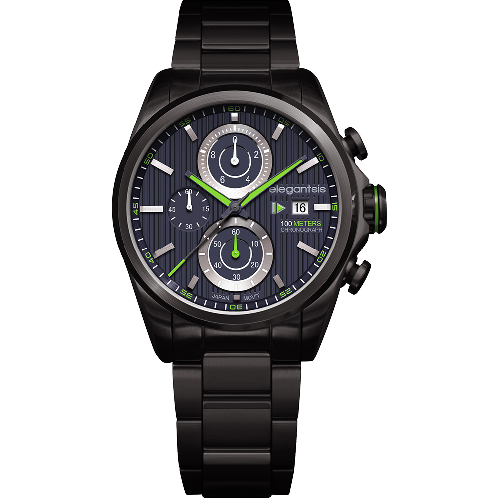 elegantsis Fashion 領先風範三眼計時腕錶-黑x綠/45mm