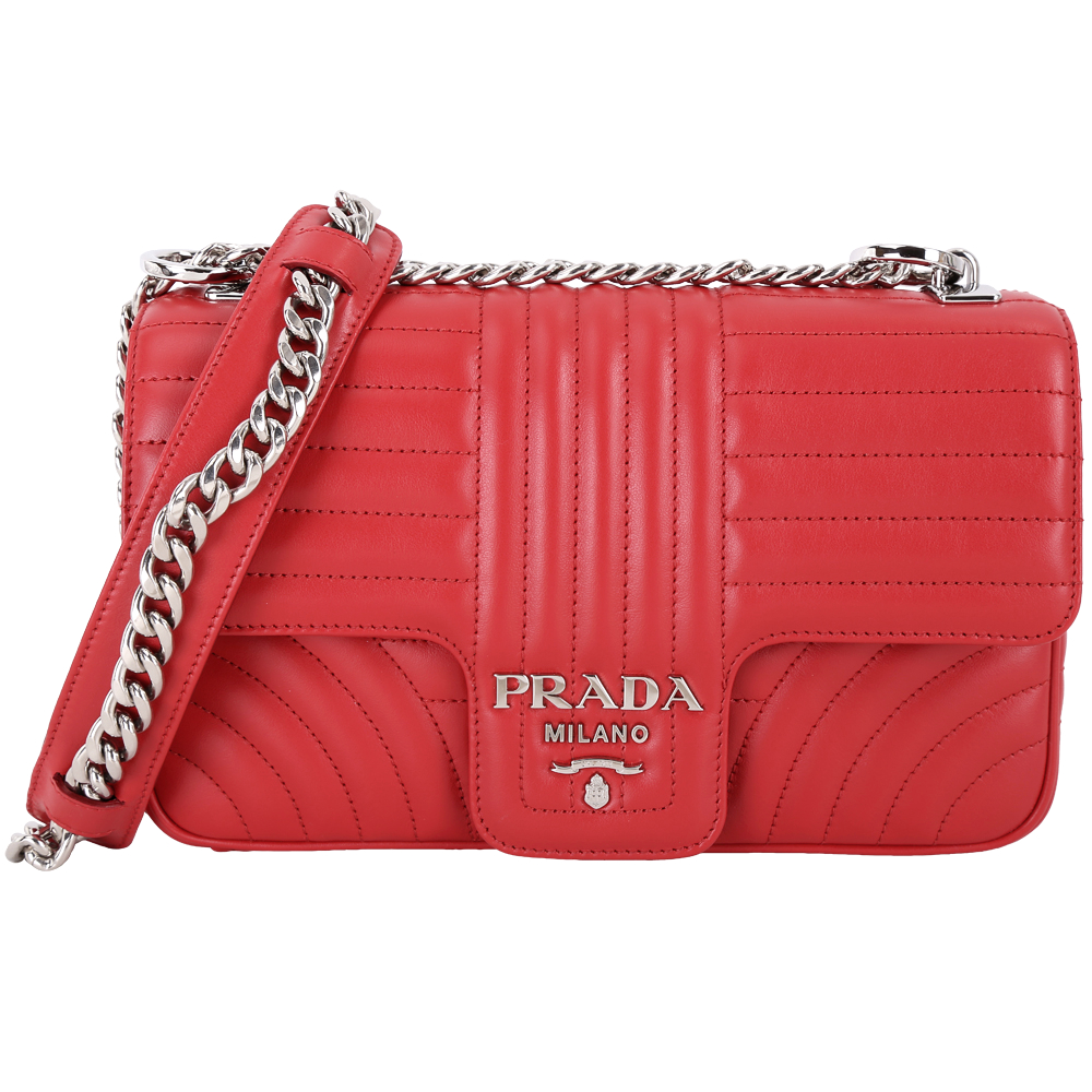 PRADA Diagramme 中款 絎縫小牛皮肩背鍊帶包(紅色)