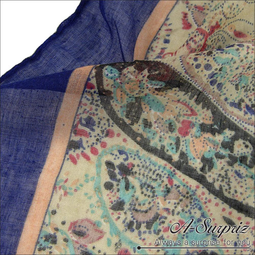 A-Surpriz 中國風藝術圖畫巴黎紗圍巾(高雅藍)