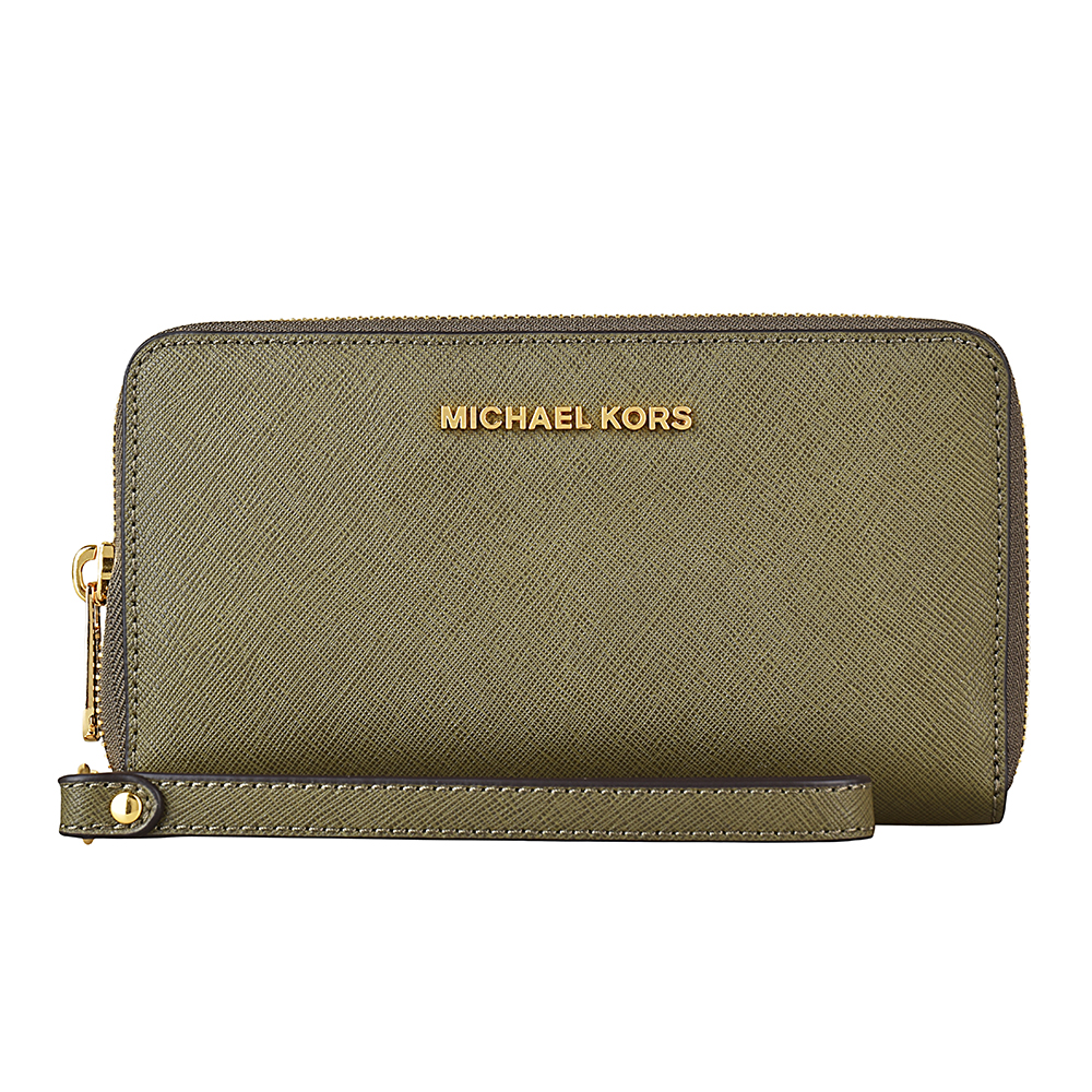 MICHAEL KORS JET SET TRAVEL金LOGO防刮皮革拉鍊中夾(橄欖綠)