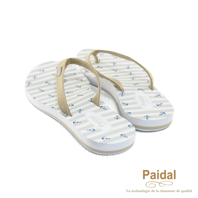 Paidal 海洋風小船錨帆布人字拖海灘拖鞋-卡其