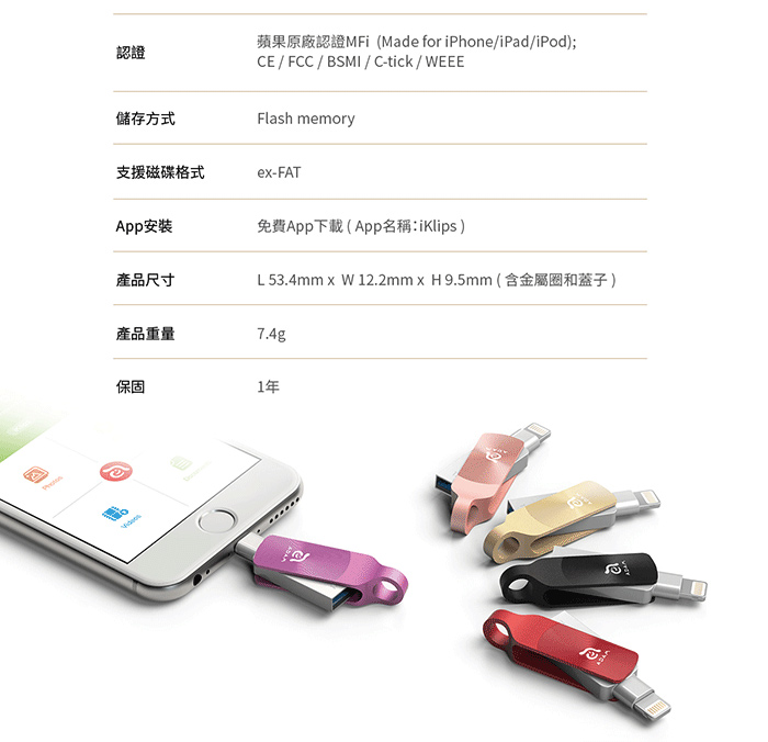 亞果元素iKlips DUO+ iPhone/iPad專用隨身碟 128GB