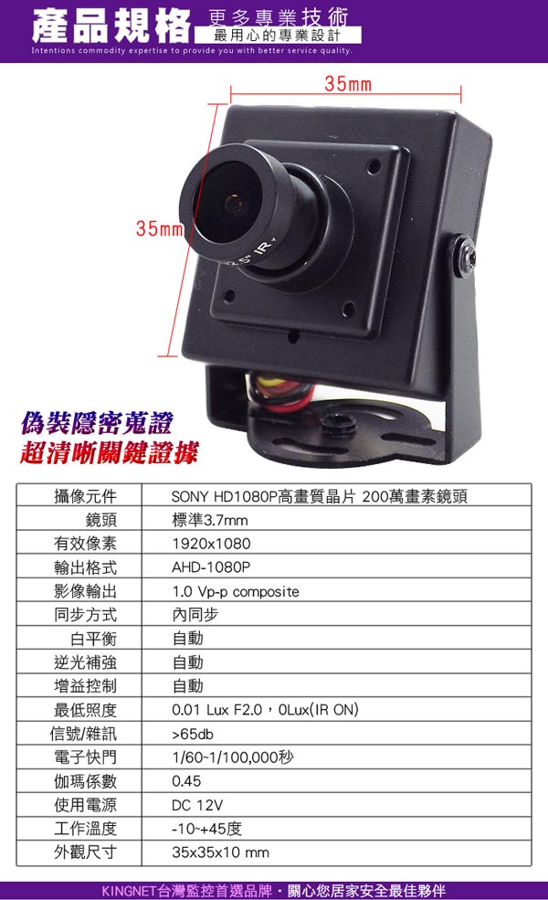 監視器攝影機 - KINGNET 高清隱藏偽裝式魚眼攝影機 HD1080P SONY晶片