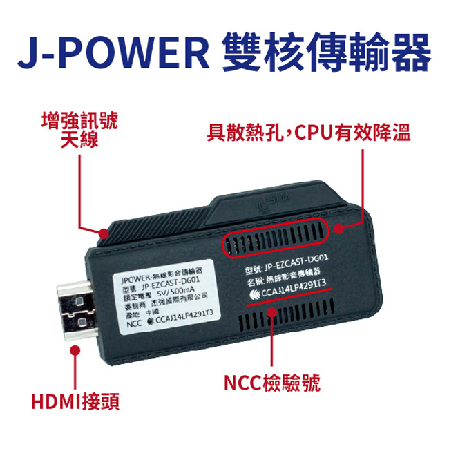 JPOWER杰強 3.5代 HDMI雙核心極速無線影音接收器