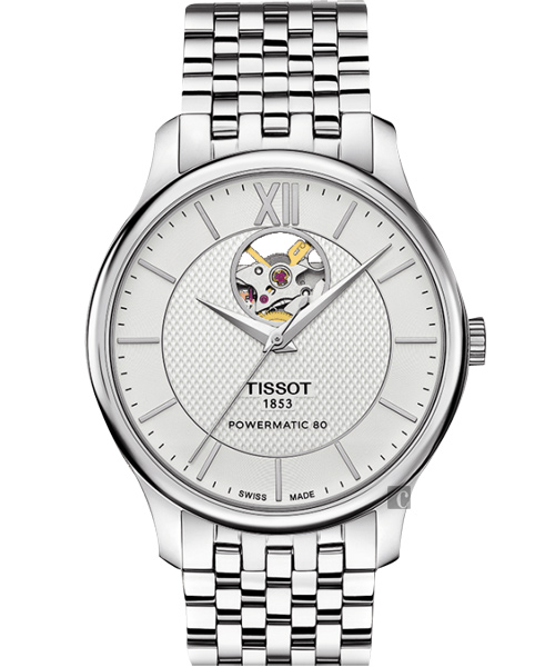 TISSOT 天梭 Tradition 80小時動力鏤空機械腕錶-銀/40mm
