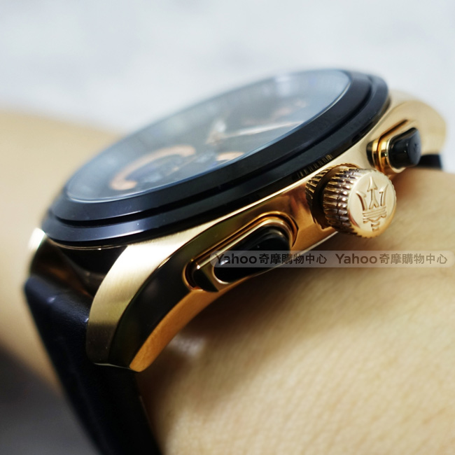 MASERATI 瑪莎拉蒂TRAGUARDO三環計時手錶-黑X玫瑰金/45mm