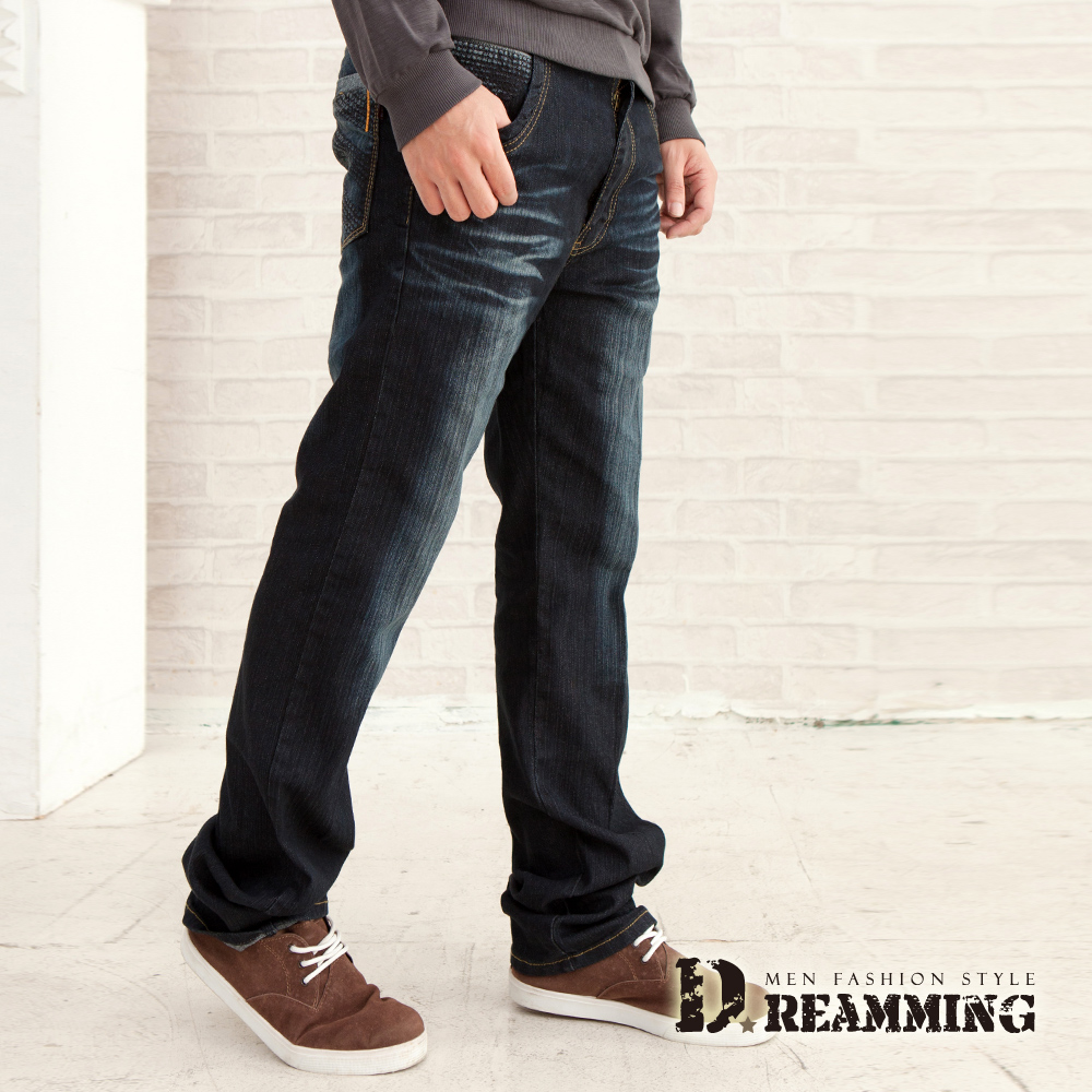 Dreamming 壓紋斜條刷色伸縮中直筒牛仔褲