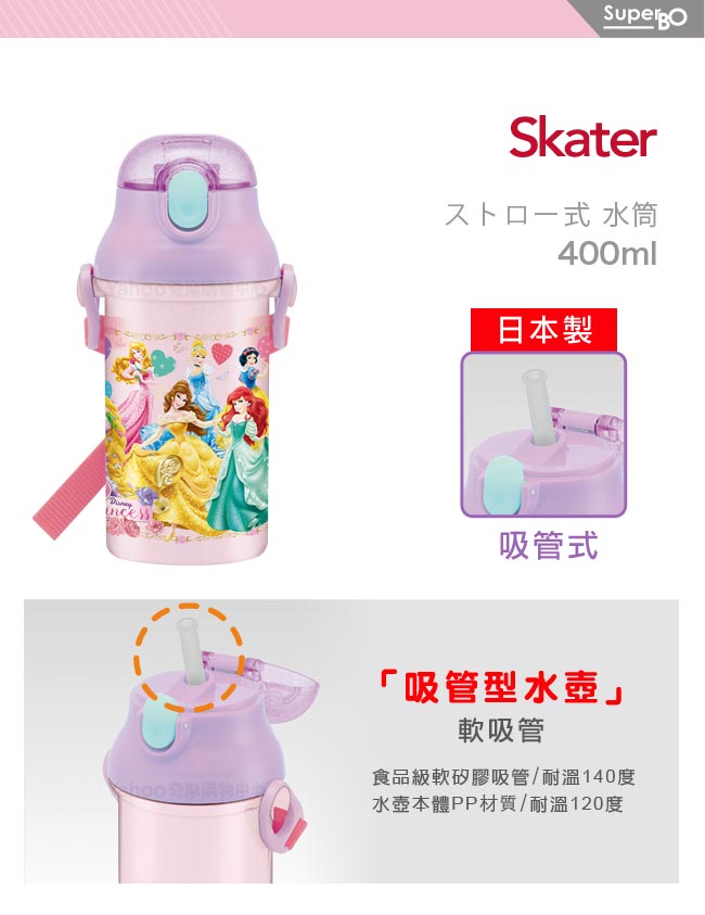 Skater吸管冷水壺(400ml)迪士尼公主Lady