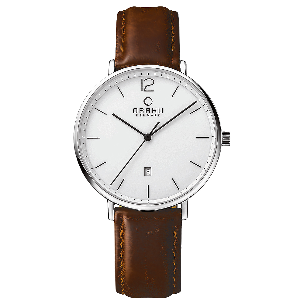 OBAKU 極致簡約時尚日期腕錶-銀X咖啡皮帶/40mm