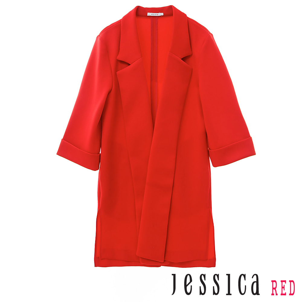 JESSICA RED-翻領開襟長版西裝外套(紅）