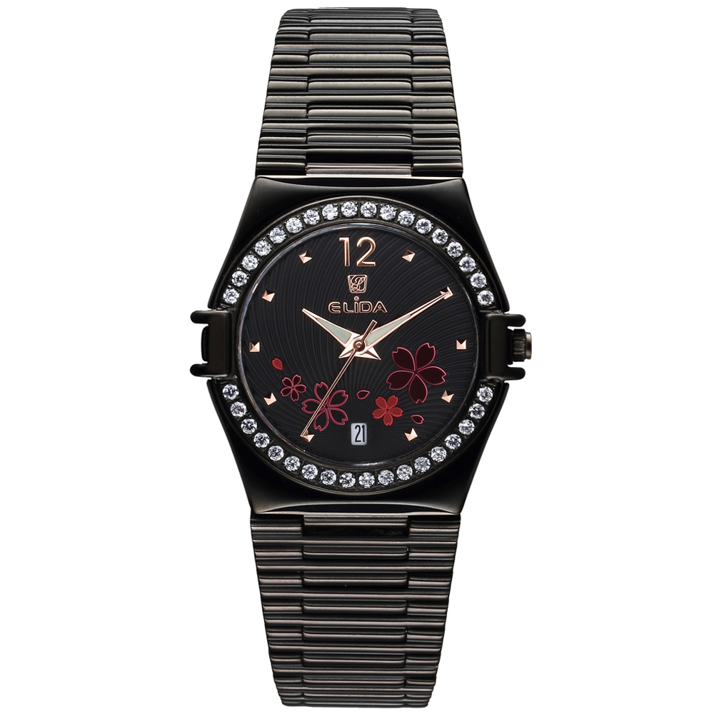 ELIDA 幸運花系列不鏽鋼鍊帶錶-PVD黑/黑/34mm