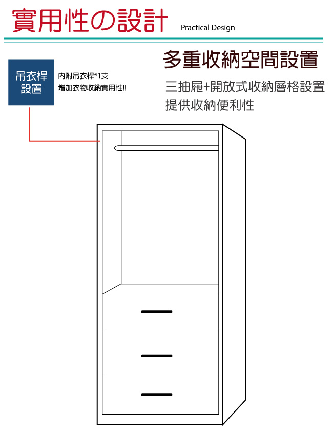 品家居 茱麗葉2尺二門三抽衣櫃-60x57x195cm免組