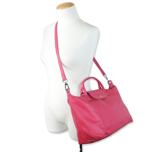 LONGCHAMP Le Pliage Cuir 小羊皮短把折疊小型水餃包(中/紫紅)