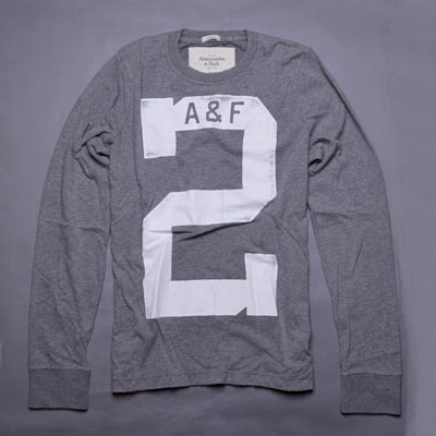 A&F Abercrombie & Fitch 破損仿舊LOGO數字2圓領長T-灰