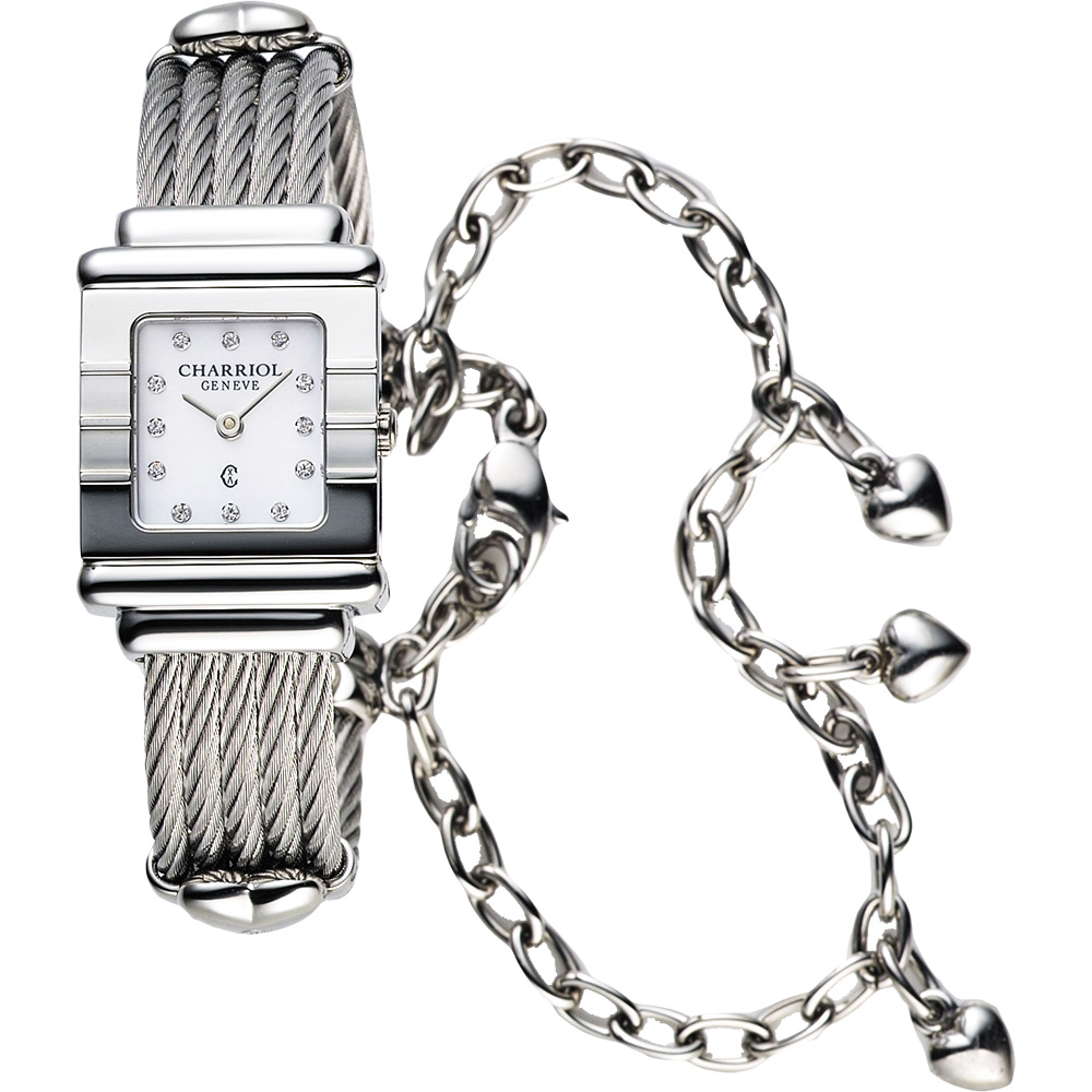 CHARRIOL 夏利豪St. Tropez系列晶鑽鋼索腕錶-珍珠貝x銀/20mm