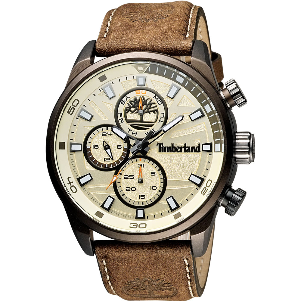 Timberland Henniker 美式潮流日曆時尚腕錶-米x咖啡/45mm