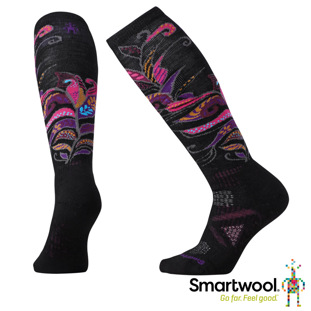 SmartWool 羊毛襪 女 PhD滑雪中極減震印花高筒襪 黑色/紫莓色