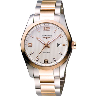 LONGINES 浪琴 官方授權 Conquest 18K玫塊金機械腕錶-白x雙色版/39mm L2.785.5.76.7