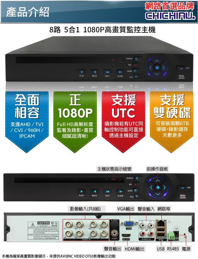 奇巧 8路4聲 五合一 AHD TVI CVI 1080P雙硬碟款混搭型數位監控錄影主機