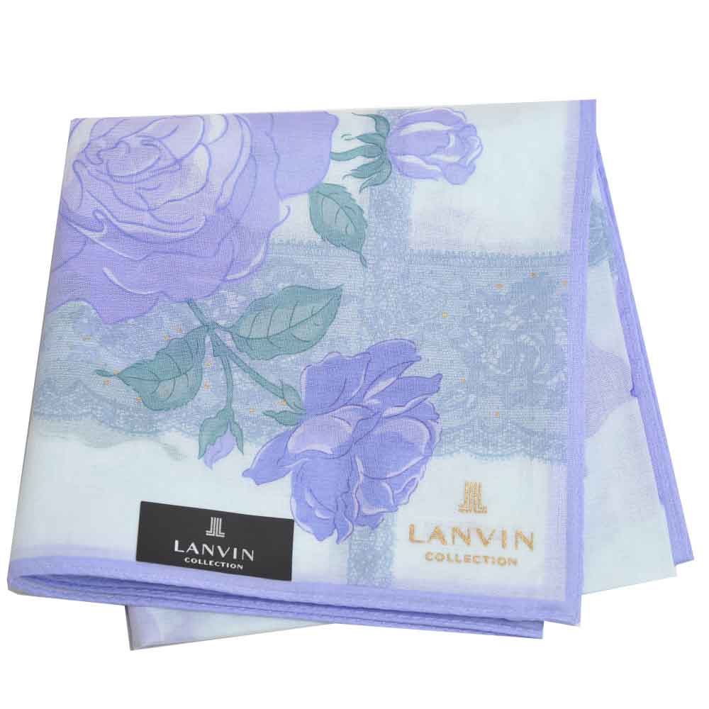 LANVIN 經典品牌玫瑰蕾絲圖騰燙金LOGO大帕領巾(藍系)