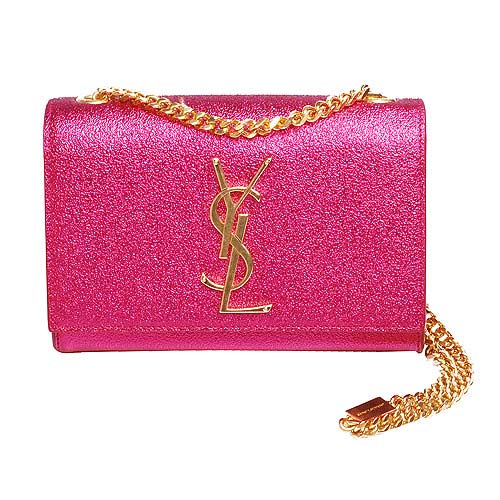 YSL BO MONOGRAM系列小牛皮Y字金屬LOGO金鍊肩背/斜背晚宴包(小-桃紅)