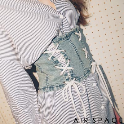 AIR SPACE 交叉綁帶牛仔腰封外搭上衣(藍)