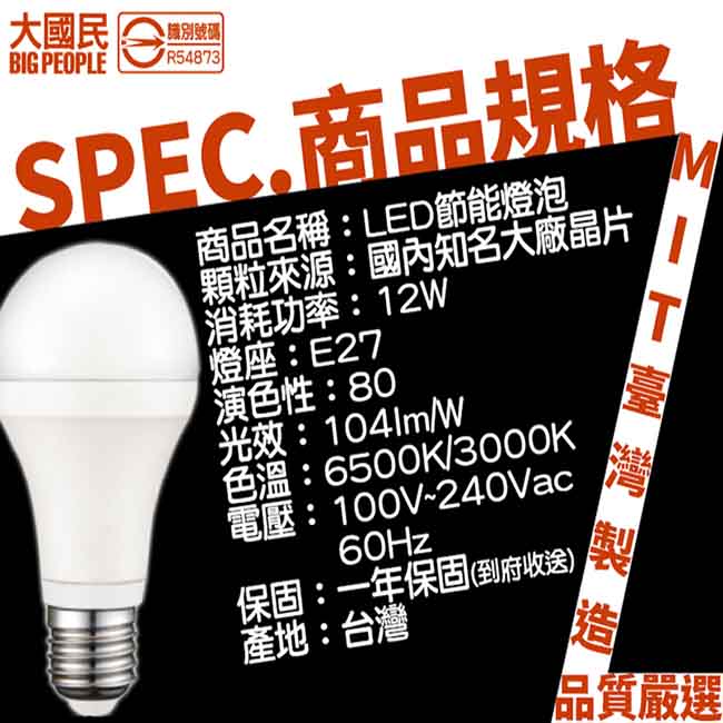 日毓光電 新大國民系列 12W 冷白/暖黃光 LED節能燈泡 6入