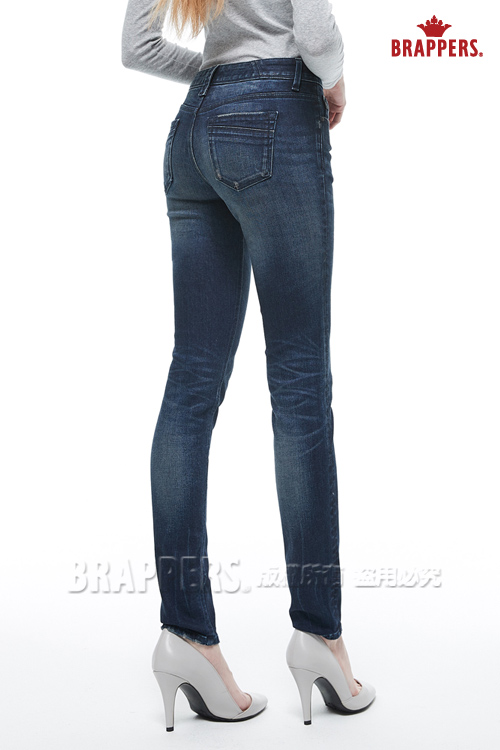 BRAPPERS 女款 新美腳ROYAL系列-中低腰彈性遮色磨破窄管褲-藍