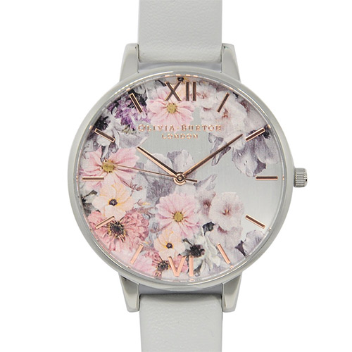 Olivia Burton 英倫復古手錶 魔法花園 灰色環保皮革錶帶 銀錶框 38mm